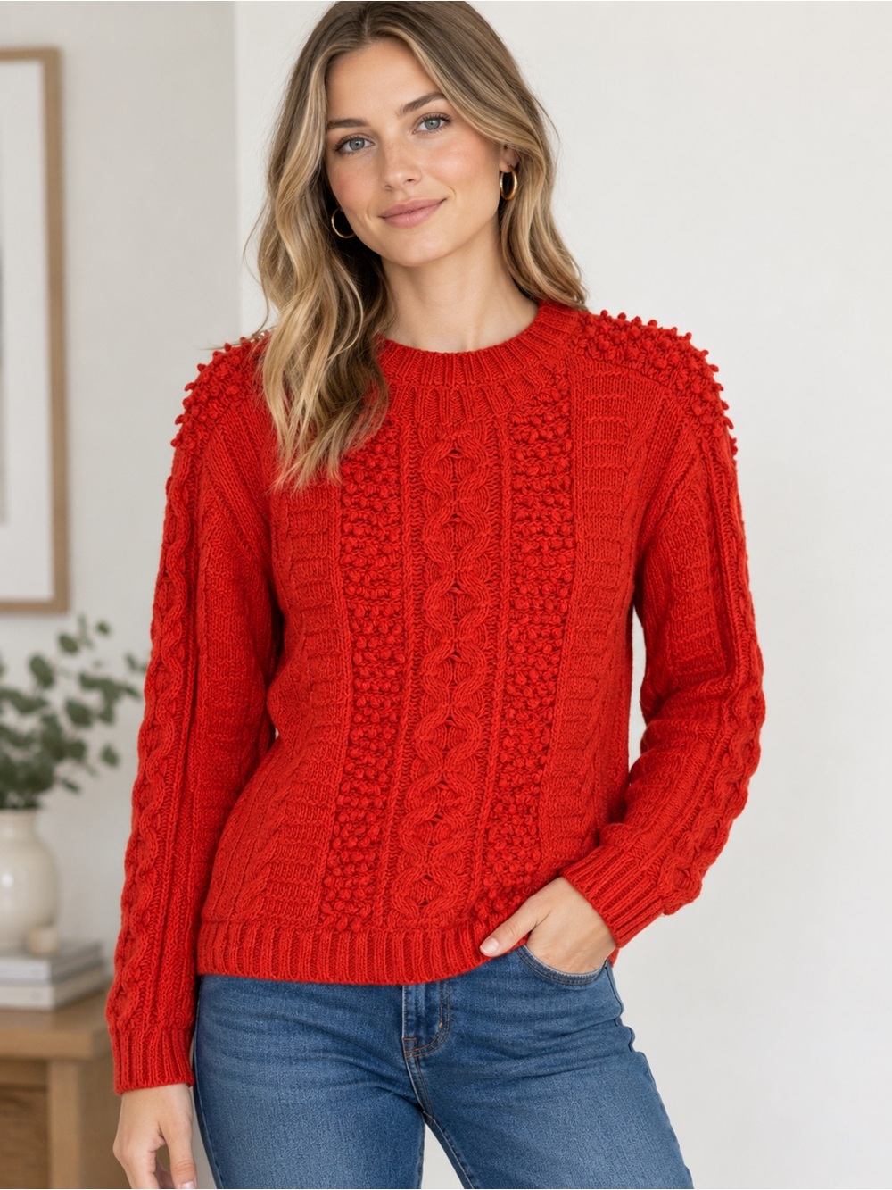 Banana Republic Women’s Orange/Red Cable & Bobble Italian Yarn Sweater-S